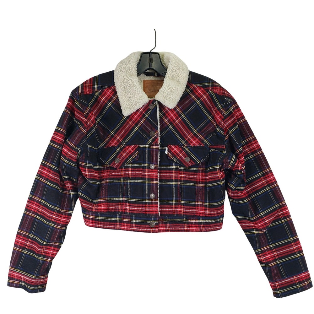 Levi's Premium Plaid Corduroy Cropped Sherpa Trucker Jacket Women S Red Plaid